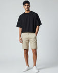 Men's chino shorts in beige, relaxed fit, knee-length, button fly and belt loops