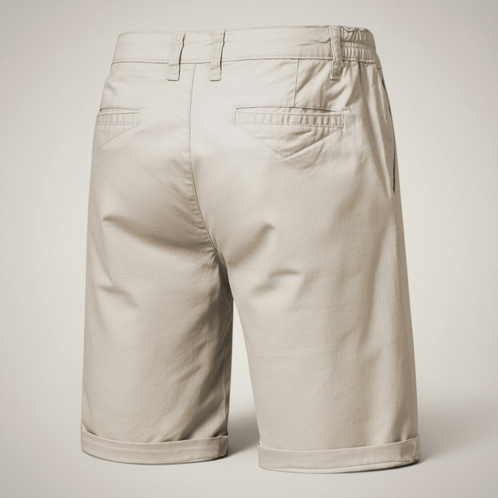 Men's chino shorts in beige, relaxed fit with belt loops and back patch pockets