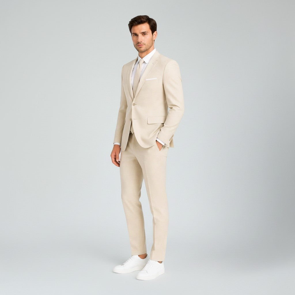 Beige men's slim-fit linen suit, 2-piece blazer and trousers, front view.