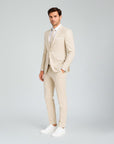 Beige men's slim-fit linen suit, 2-piece blazer and trousers, front view.