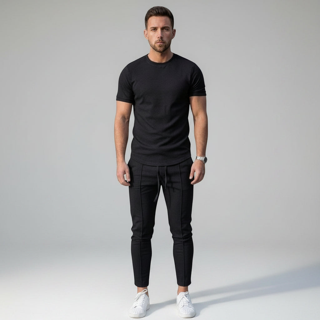 Black men's 2-piece co-ord set: crew-neck t-shirt and tapered jogger pants