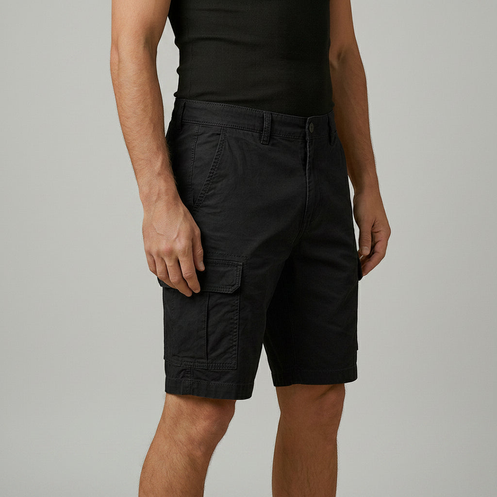 Men's black cargo shorts with thigh cargo pocket and straight relaxed legs