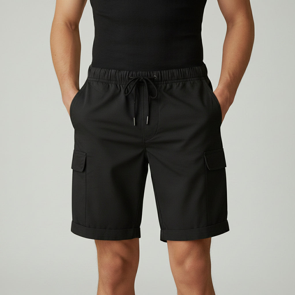 Men's black cargo shorts with drawstring waist and side cargo pockets