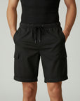 Men's black cargo shorts with drawstring waist and side cargo pockets