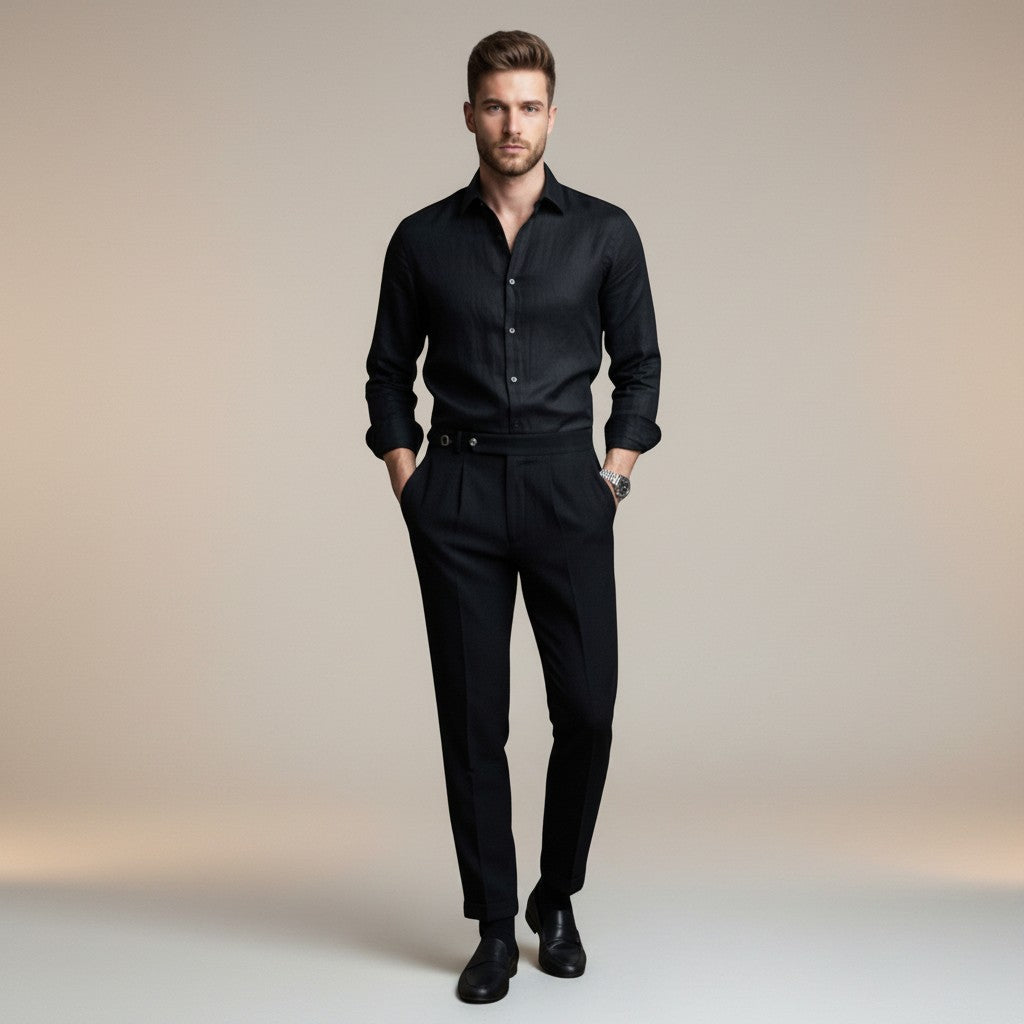 High-waisted tailored trousers in black, belt detail and pleated front creases