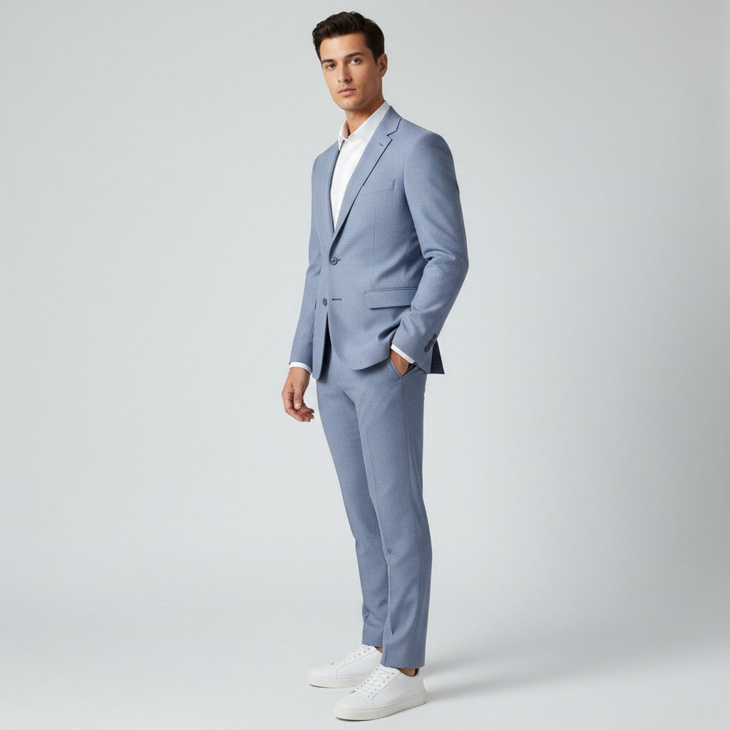 Light blue men's slim-fit linen suit, side view with blazer and matching trousers.