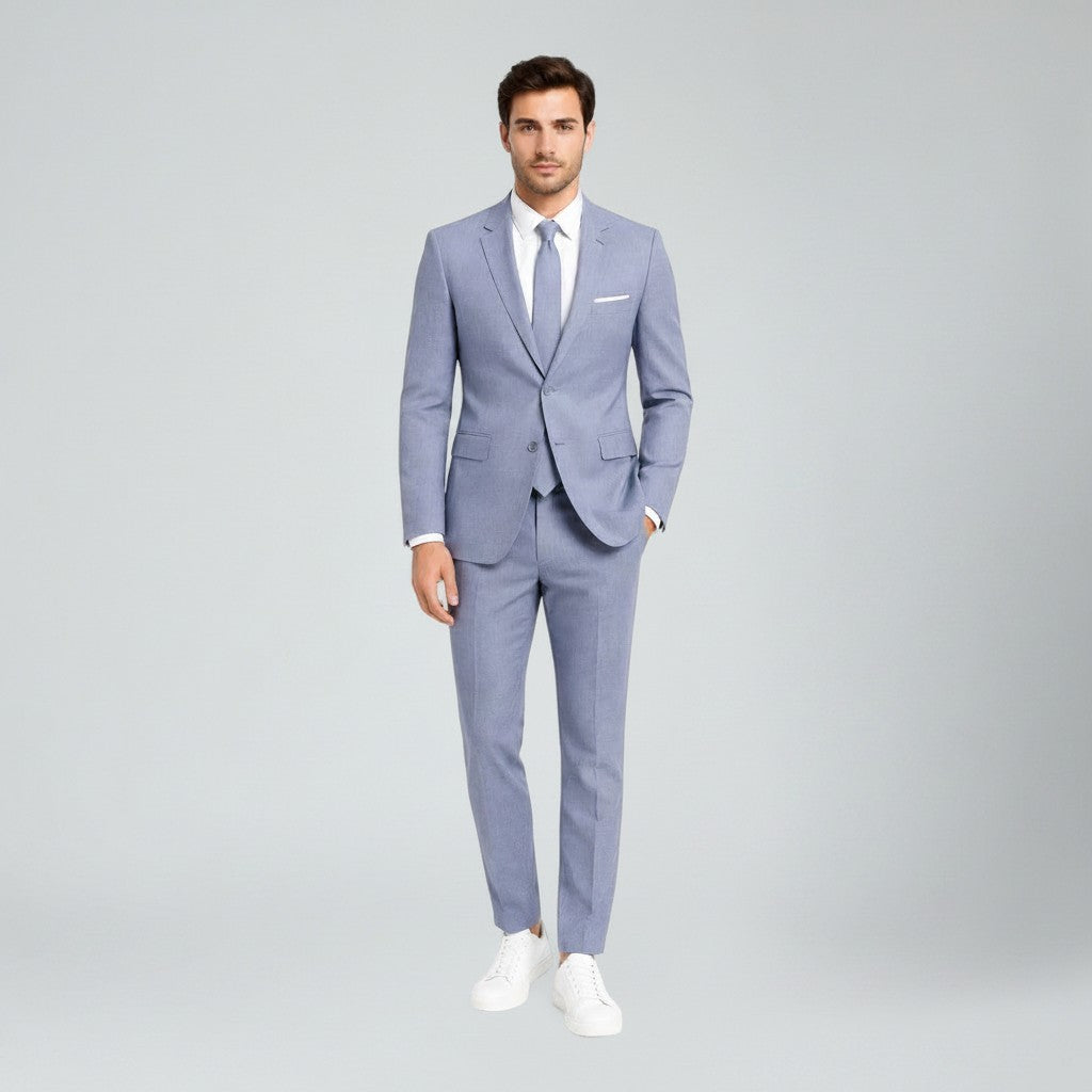 Light blue men's slim-fit linen suit, 2-piece blazer and trousers, front view.