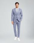 Light blue men's slim-fit linen suit, 2-piece blazer and trousers, front view.