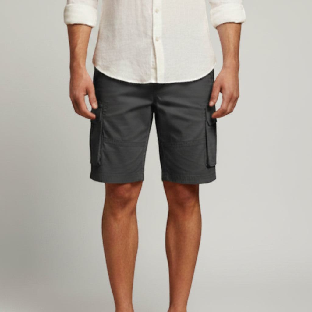 Men's dark gray cargo shorts with flap pockets and belt loops