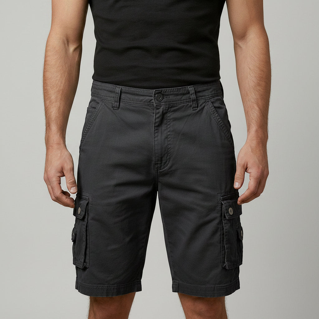 Men's cargo shorts, black with elastic waistband and side flap cargo pockets.