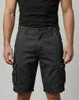 Men's cargo shorts, black with elastic waistband and side flap cargo pockets.