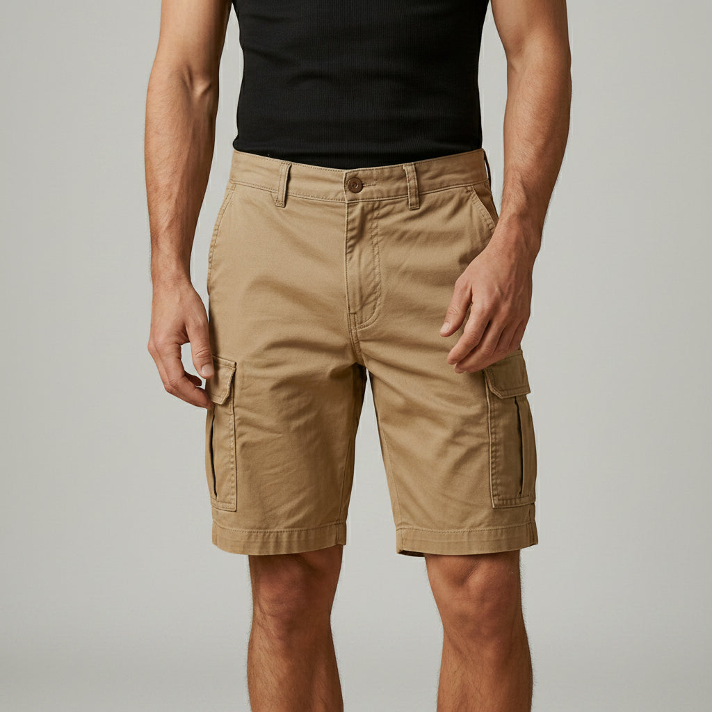 Men's beige cargo shorts with side cargo pockets and button fly