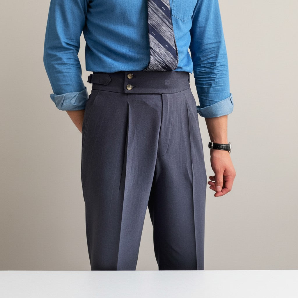 Men's high-waisted tailored straight-leg trousers in dark navy, pleated front