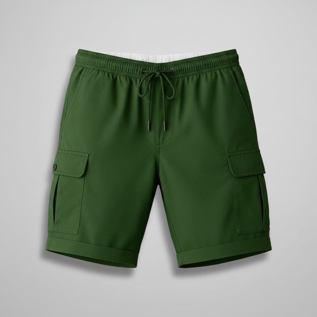 Men's green cargo shorts with elastic drawstring waistband and side cargo pockets