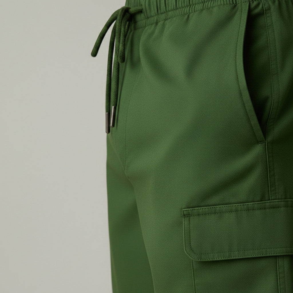 Men's green cargo shorts close-up of drawstring waist and side pocket
