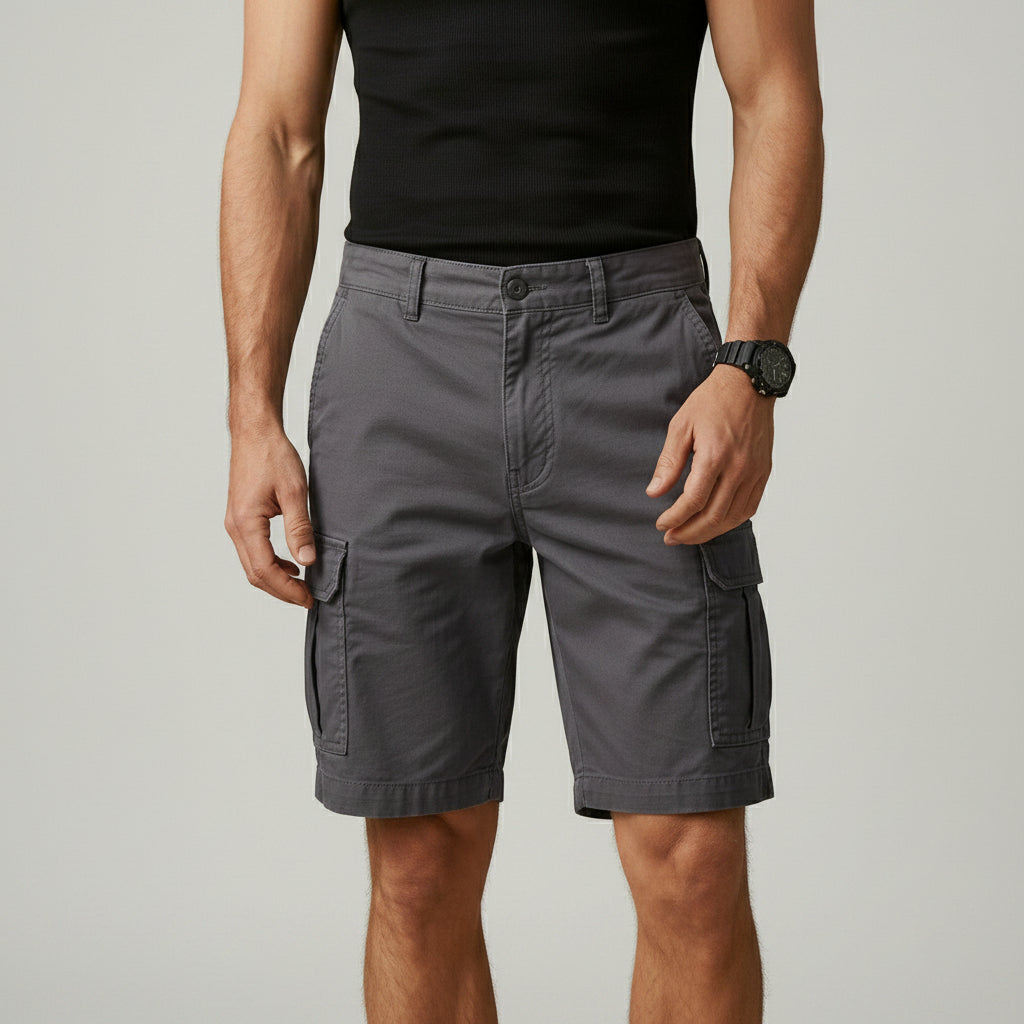 Men's grey cargo shorts with side cargo pockets and belt loops