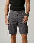 Men's grey cargo shorts with side cargo pockets and belt loops