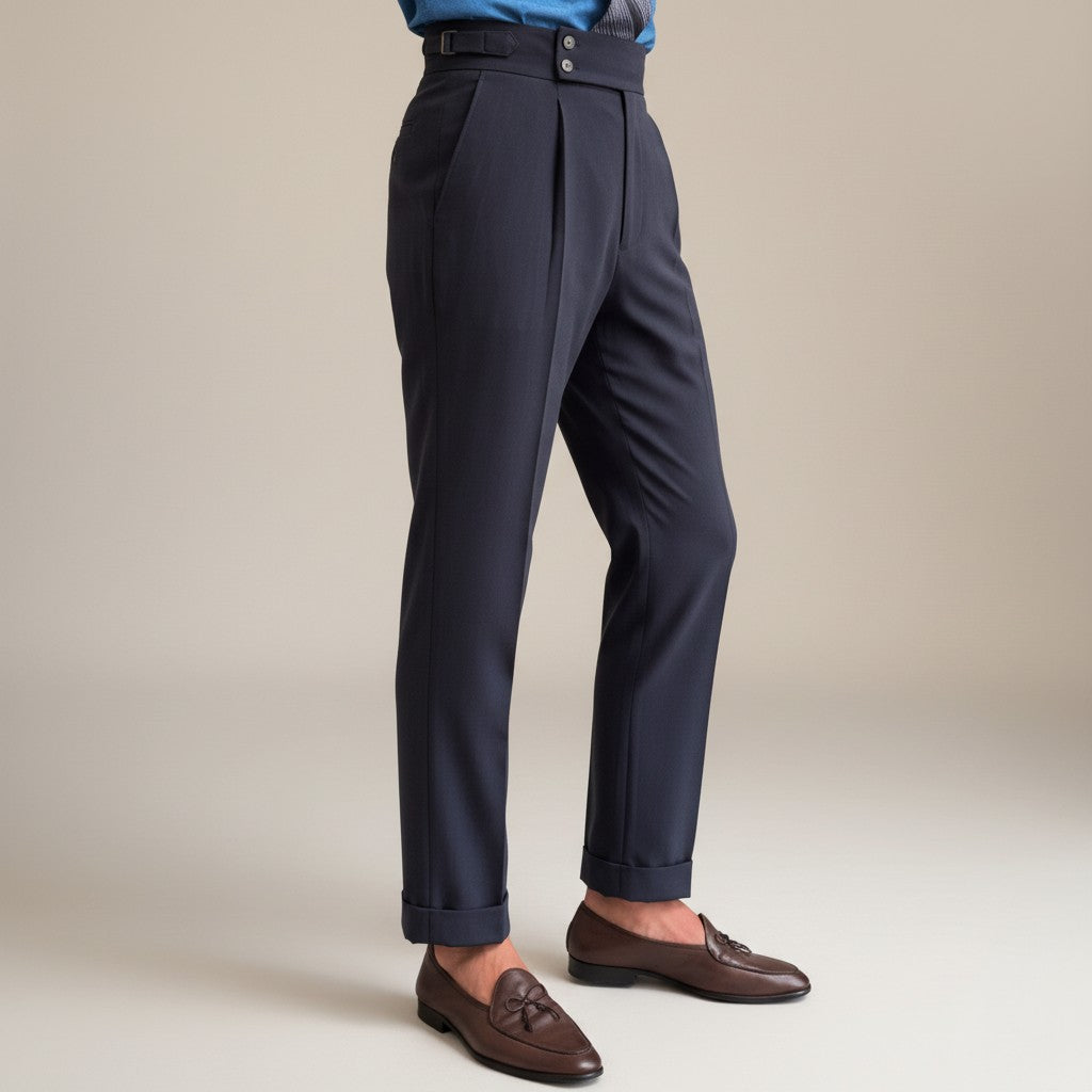 Men's high-waisted straight-leg tailored trousers in dark navy, full side view