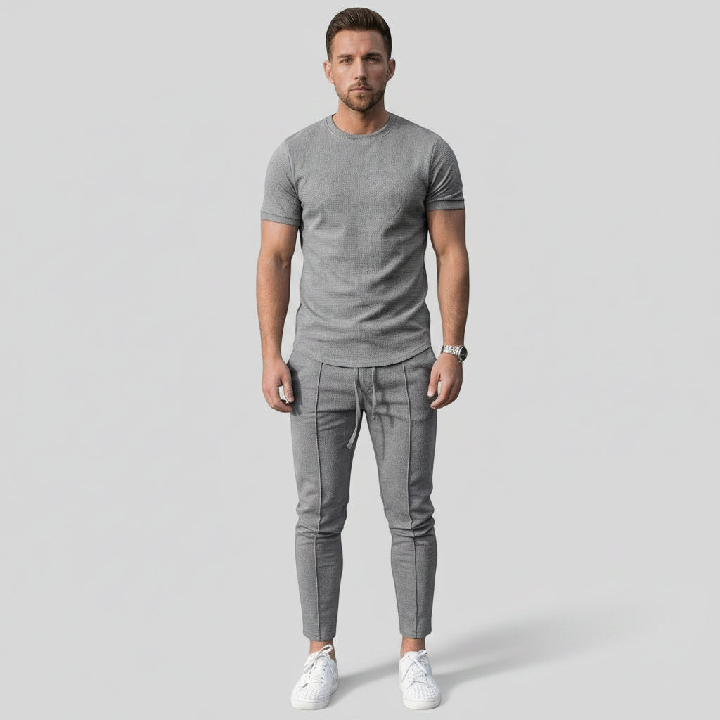Grey men's 2-piece co-ord set: crew-neck t-shirt and tapered jogger pants