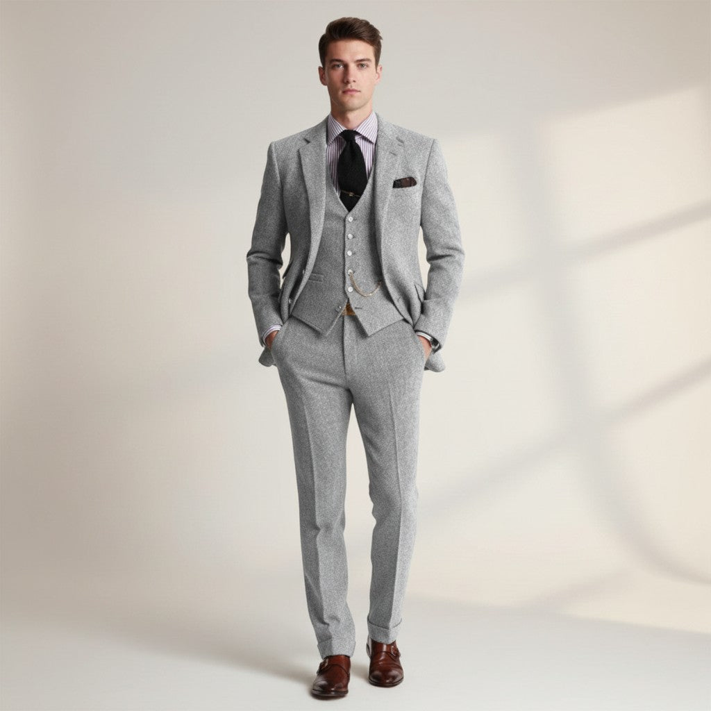Grey tweed three-piece suit with matching vest and trousers, single-breasted blazer, pocket square