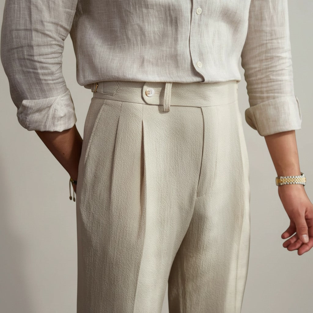 High-waisted tailored trousers in beige, front pleats and belt-loop waist