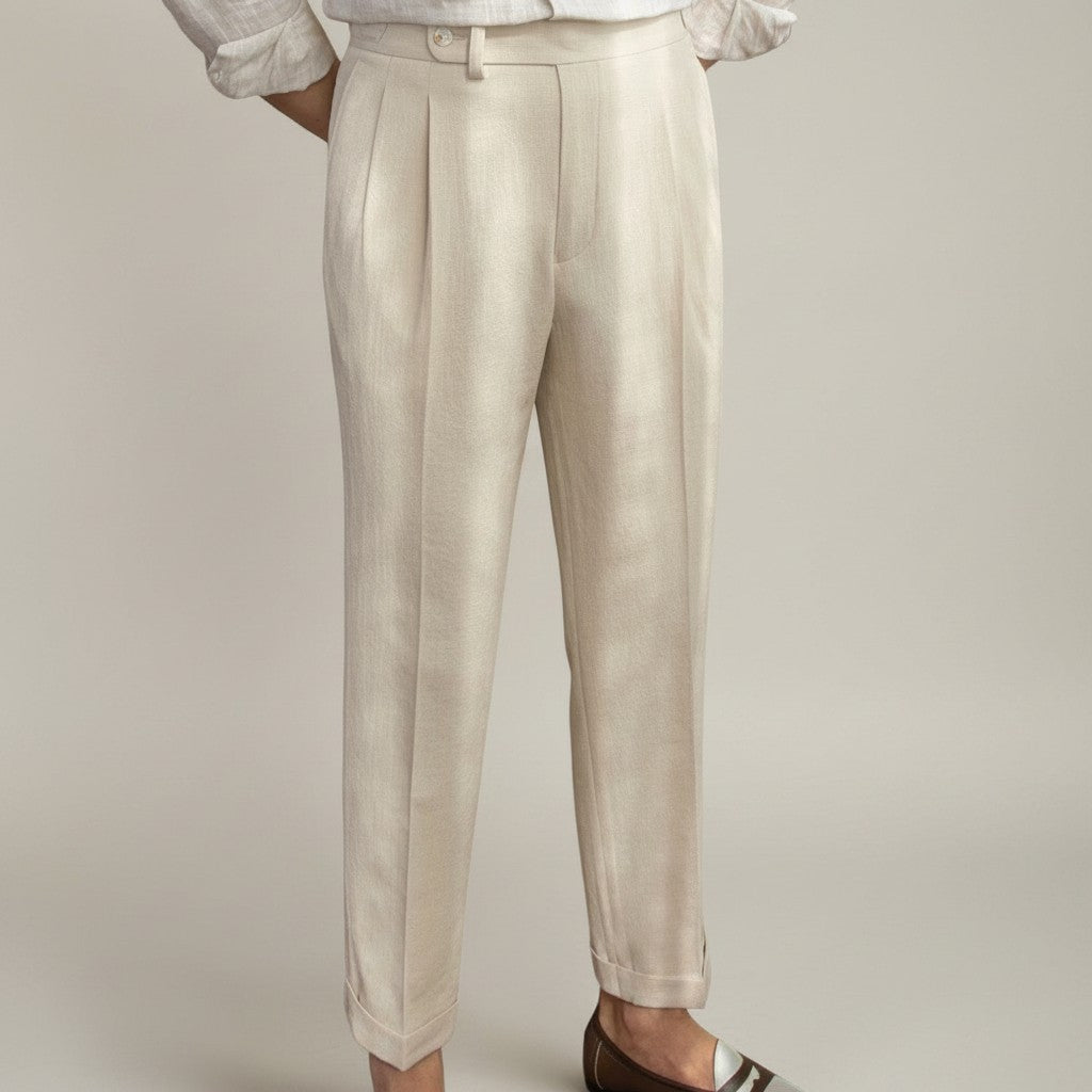 High-waisted tailored trousers in beige, pleated front, ankle-length tapered fit