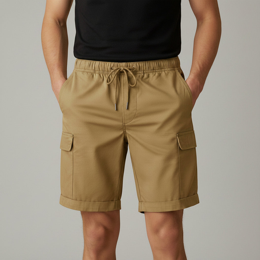 Men's tan cargo shorts with drawstring waist and side cargo pockets