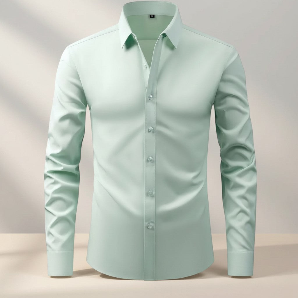 Men's slim-fit stretch dress shirt, mint green button-front long sleeves, pointed collar.