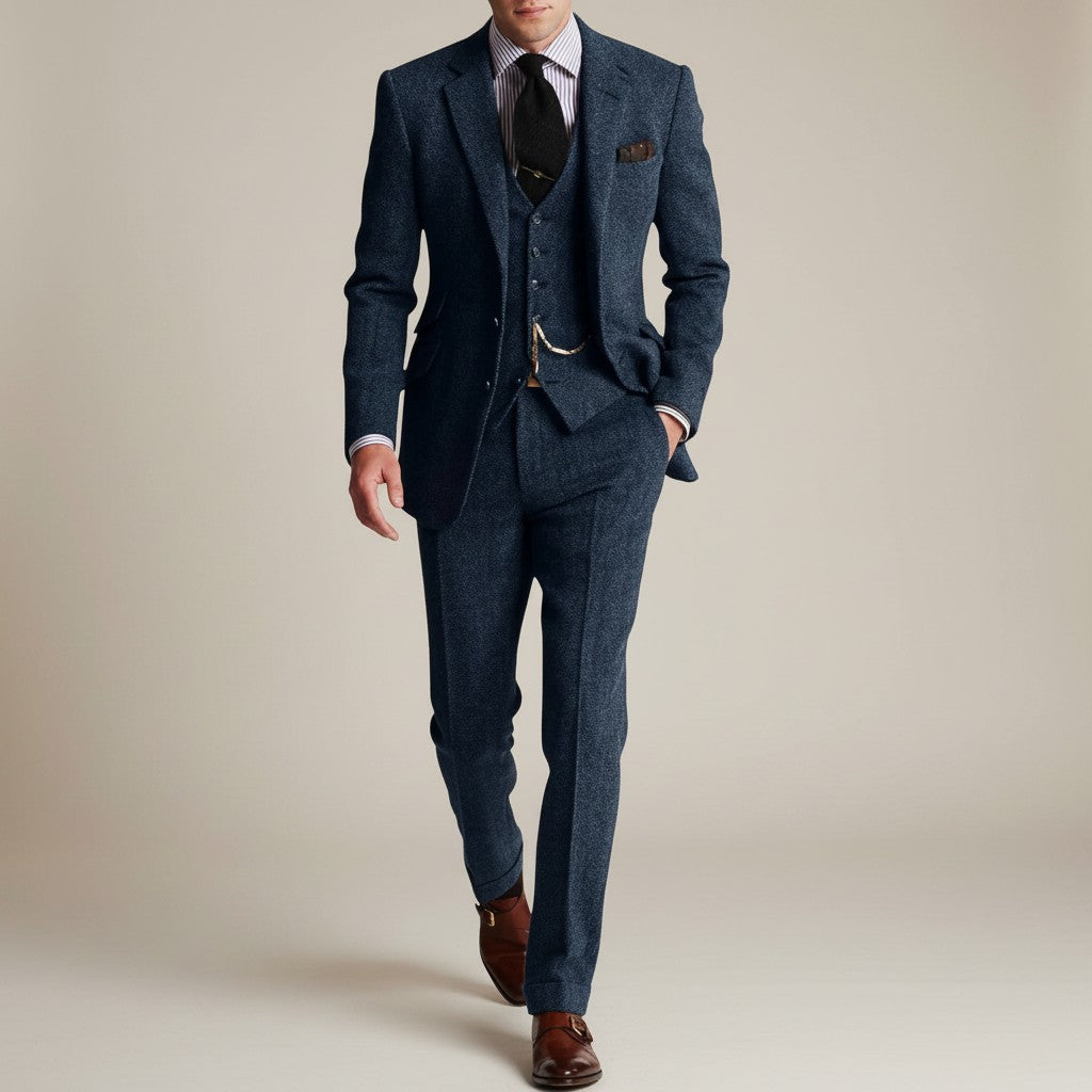 Navy tweed three-piece suit with matching vest and trousers, single-breasted blazer