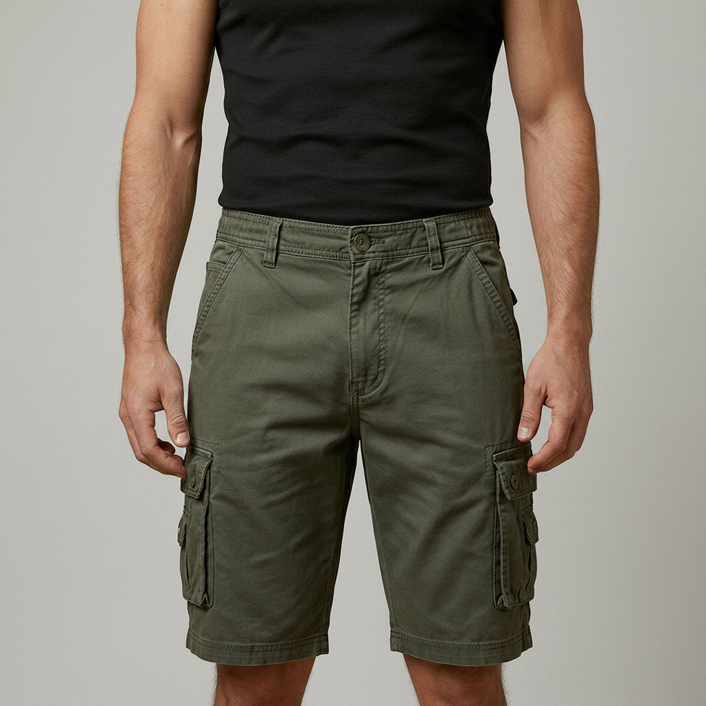 Men's cargo shorts, olive green with elastic waistband and flap cargo pockets.