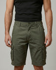 Men's cargo shorts, olive green with elastic waistband and flap cargo pockets.