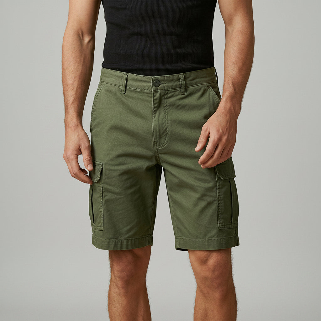 Men's green cargo shorts with side cargo pockets and button fly