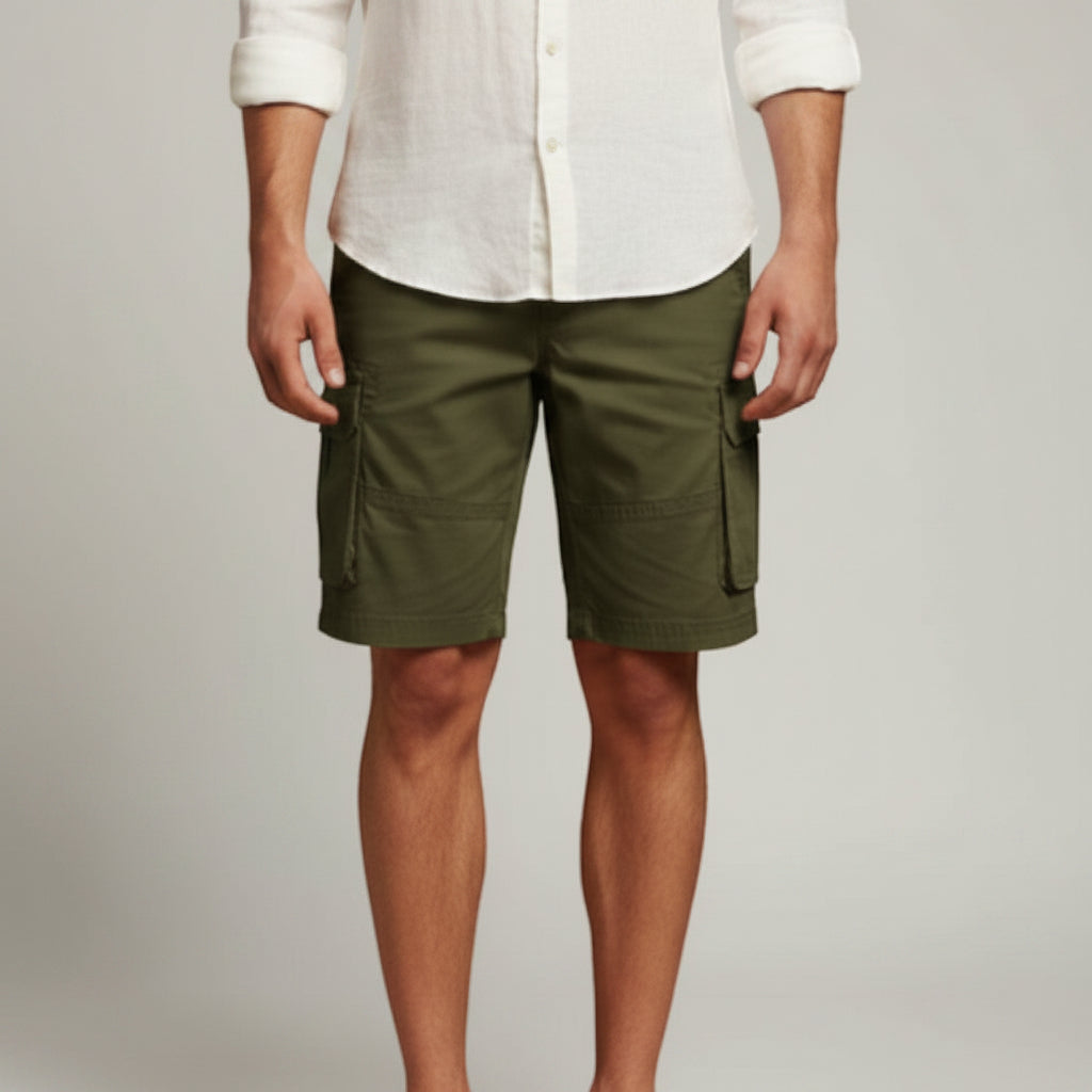 Men's olive green cargo shorts with flap pockets and belt loops