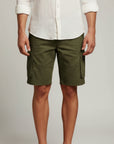 Men's olive green cargo shorts with flap pockets and belt loops
