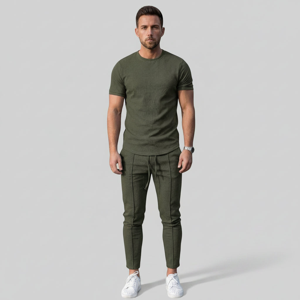 Green men's 2-piece co-ord set: crew-neck t-shirt and tapered jogger pants