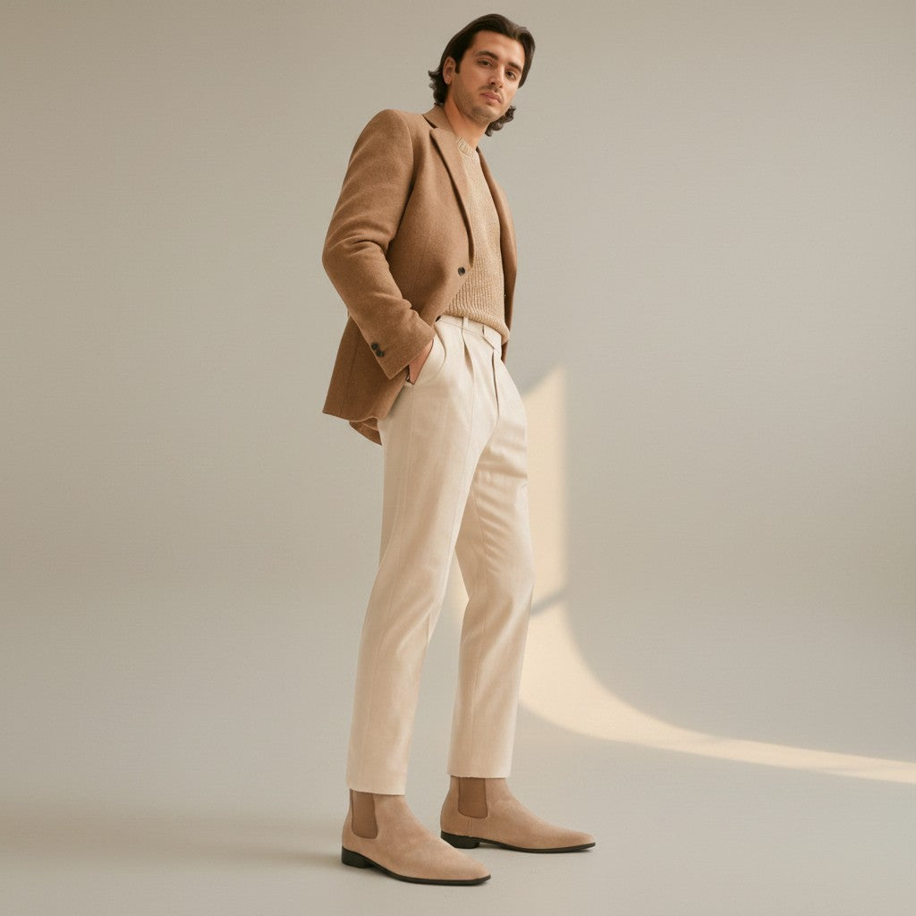 Men's suede square-toe Chelsea boots, tan with black side elastics and sole
