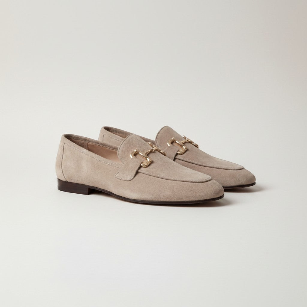 Beige suede loafers with horsebit detail, almond toe slip-on shoes