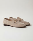 Beige suede loafers with horsebit detail, almond toe slip-on shoes