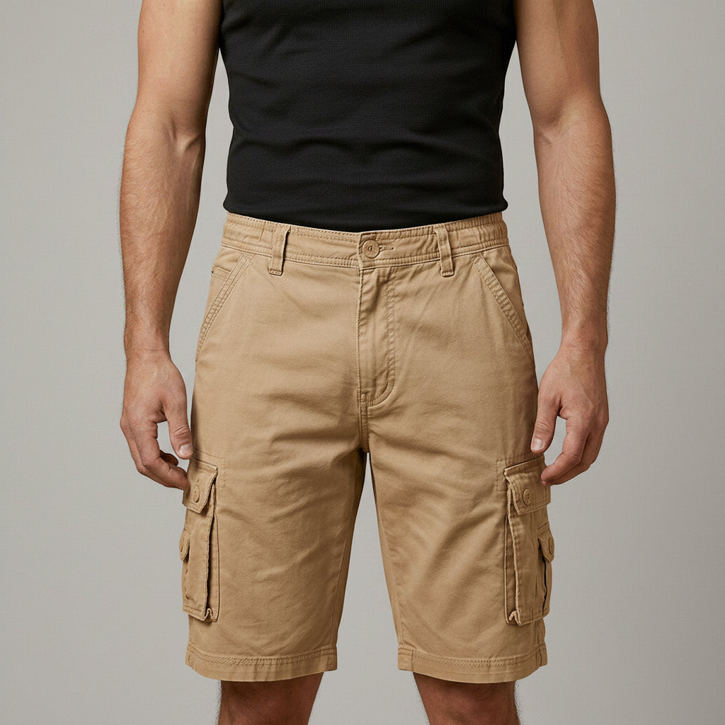 Men's cargo shorts, tan with elastic waist and flap cargo pockets, knee length.