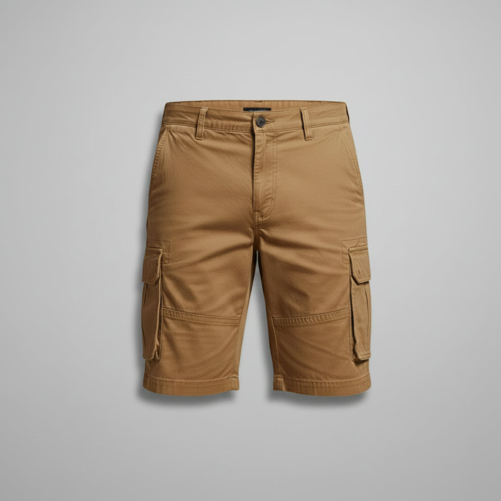 Men's tan cargo shorts with belt loops and side flap pockets