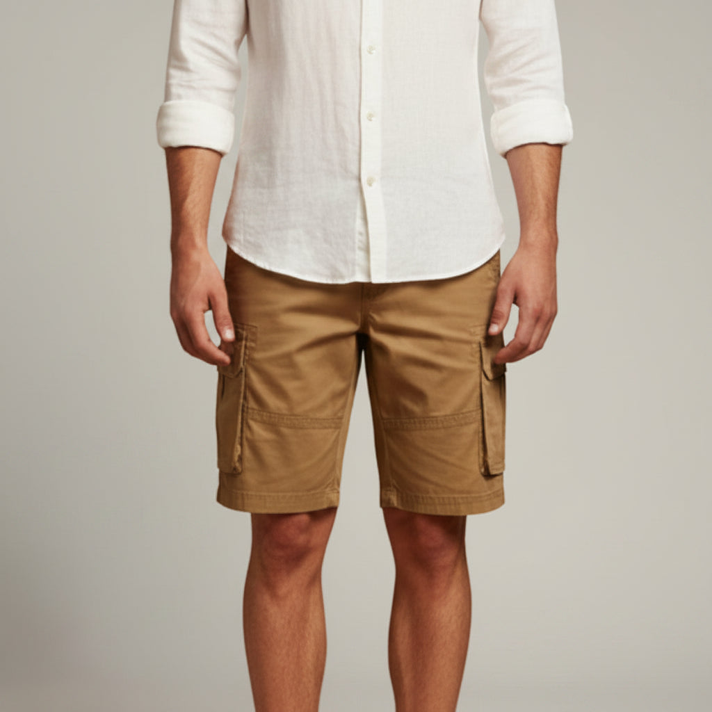 Men's beige cargo shorts with flap pockets and belt loops