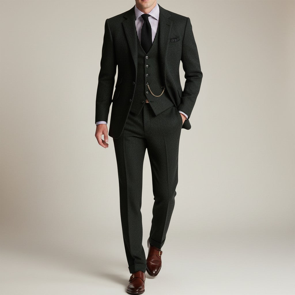 Black tweed three-piece suit with vest and trousers, single-breasted blazer and pocket square
