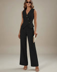 Women’s black sleeveless co ord set with buttoned structured waistcoat and wide-leg trousers