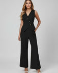 Women’s black structured sleeveless co ord set with V-neck waistcoat and flared wide trousers