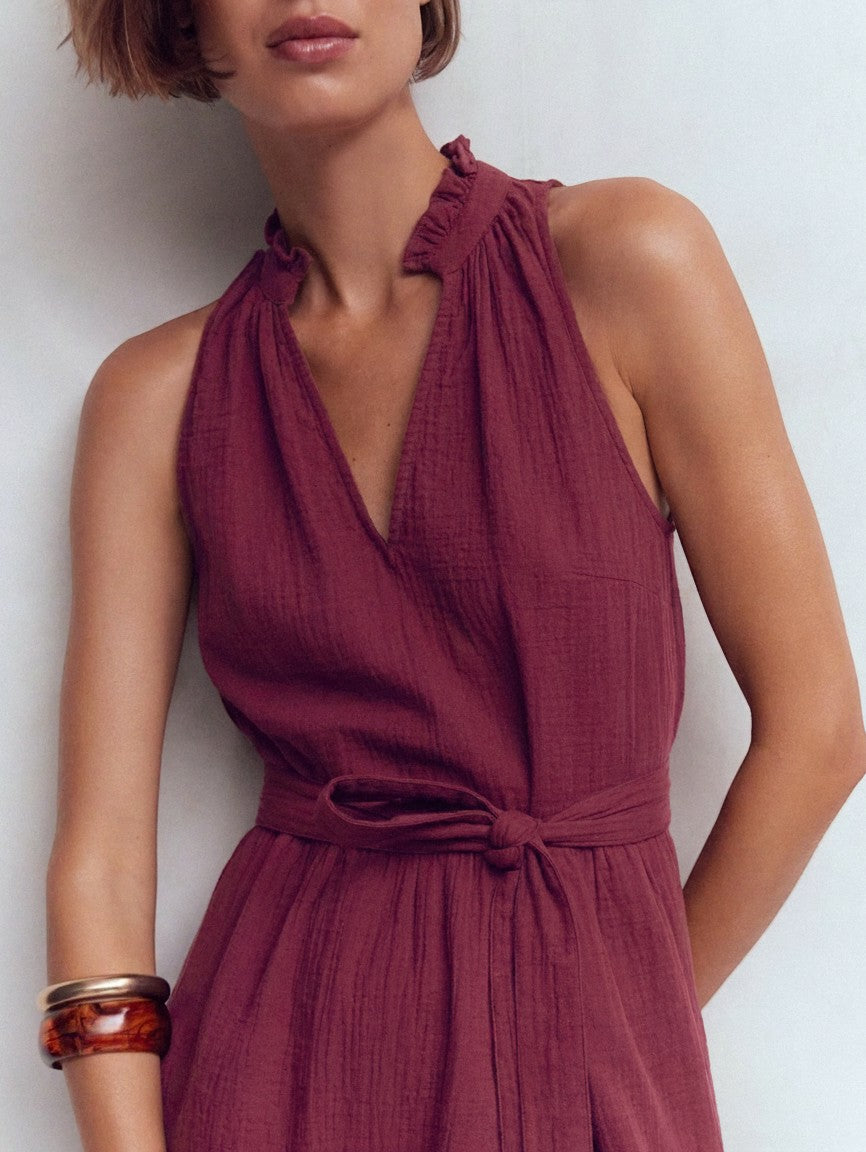 Sleeveless V-neck dress with gathered neck and tie waist in burgundy