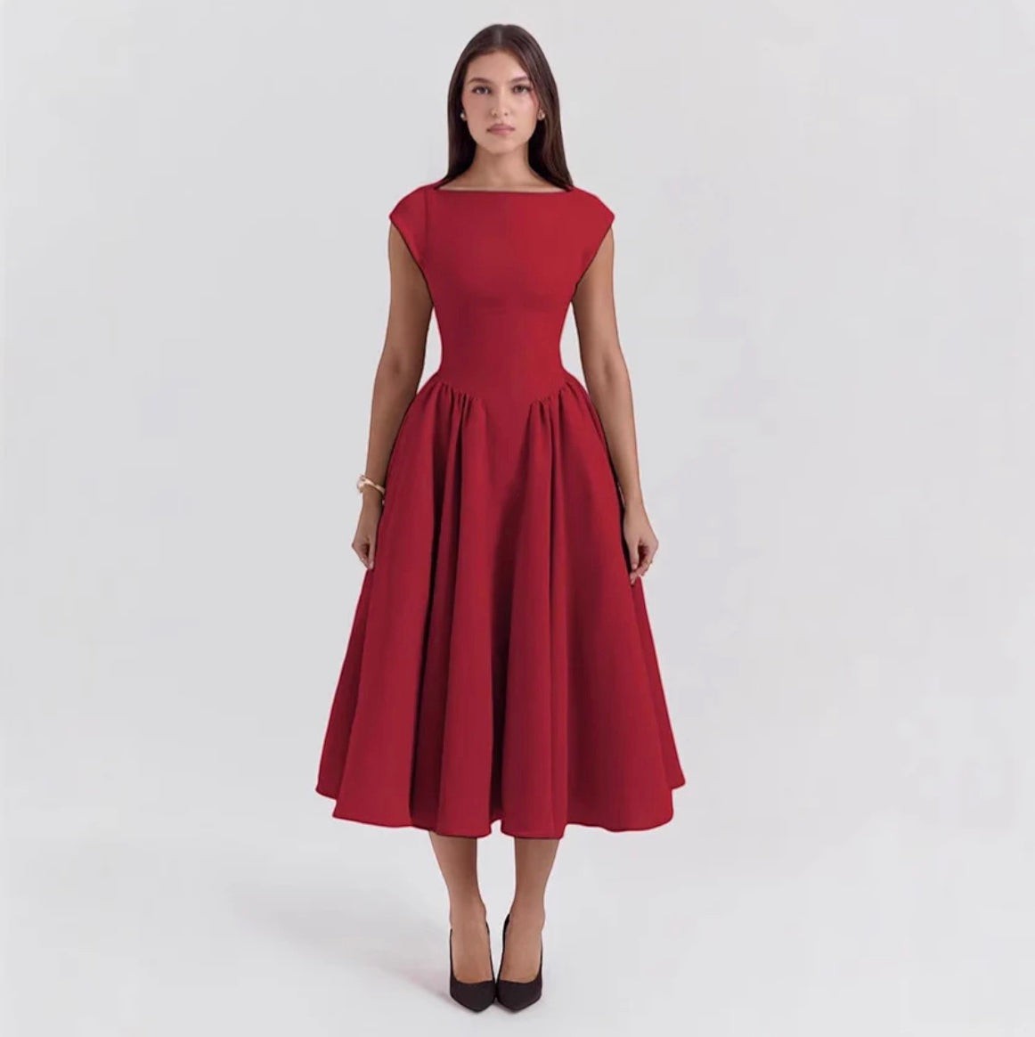 Red cap-sleeve midi dress with fitted waist and flared gathered skirt