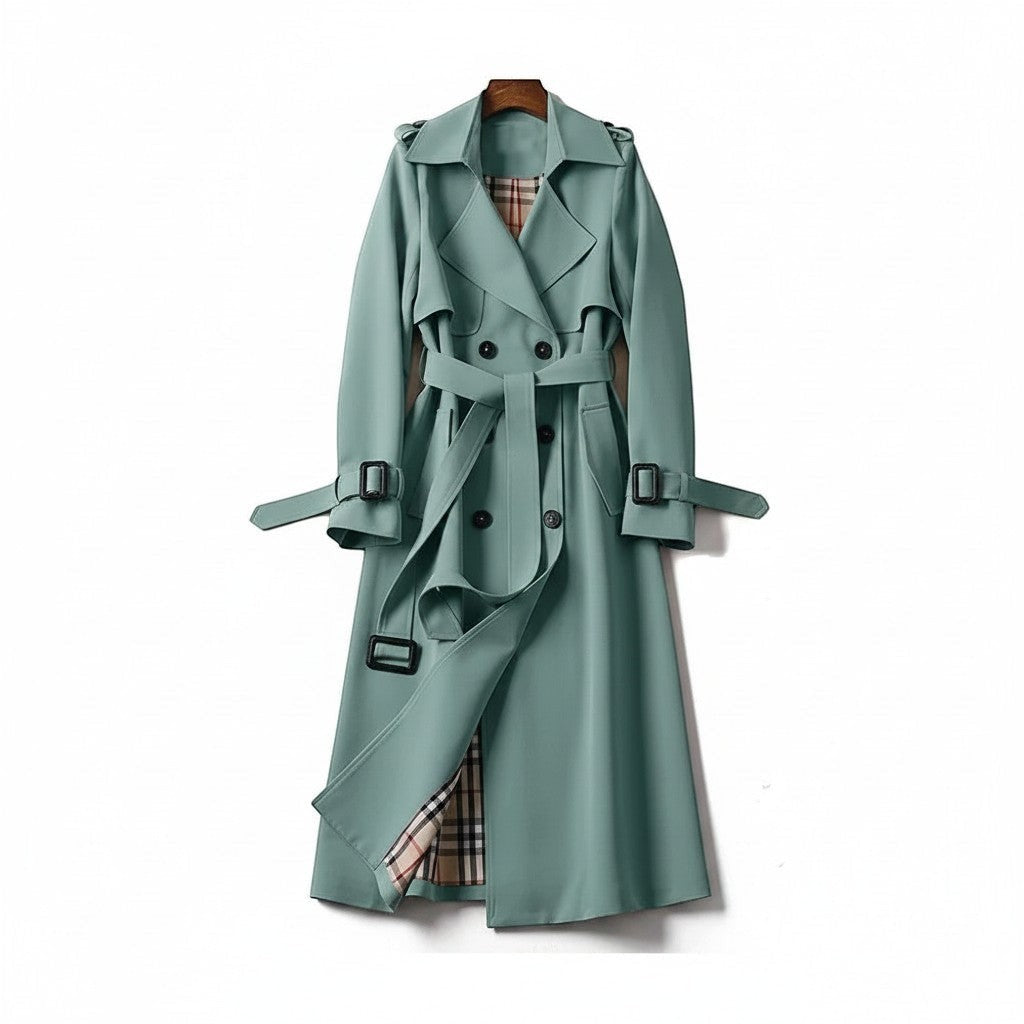 Green trench coat with belted waist, double-breasted buttons, and shoulder epaulets.