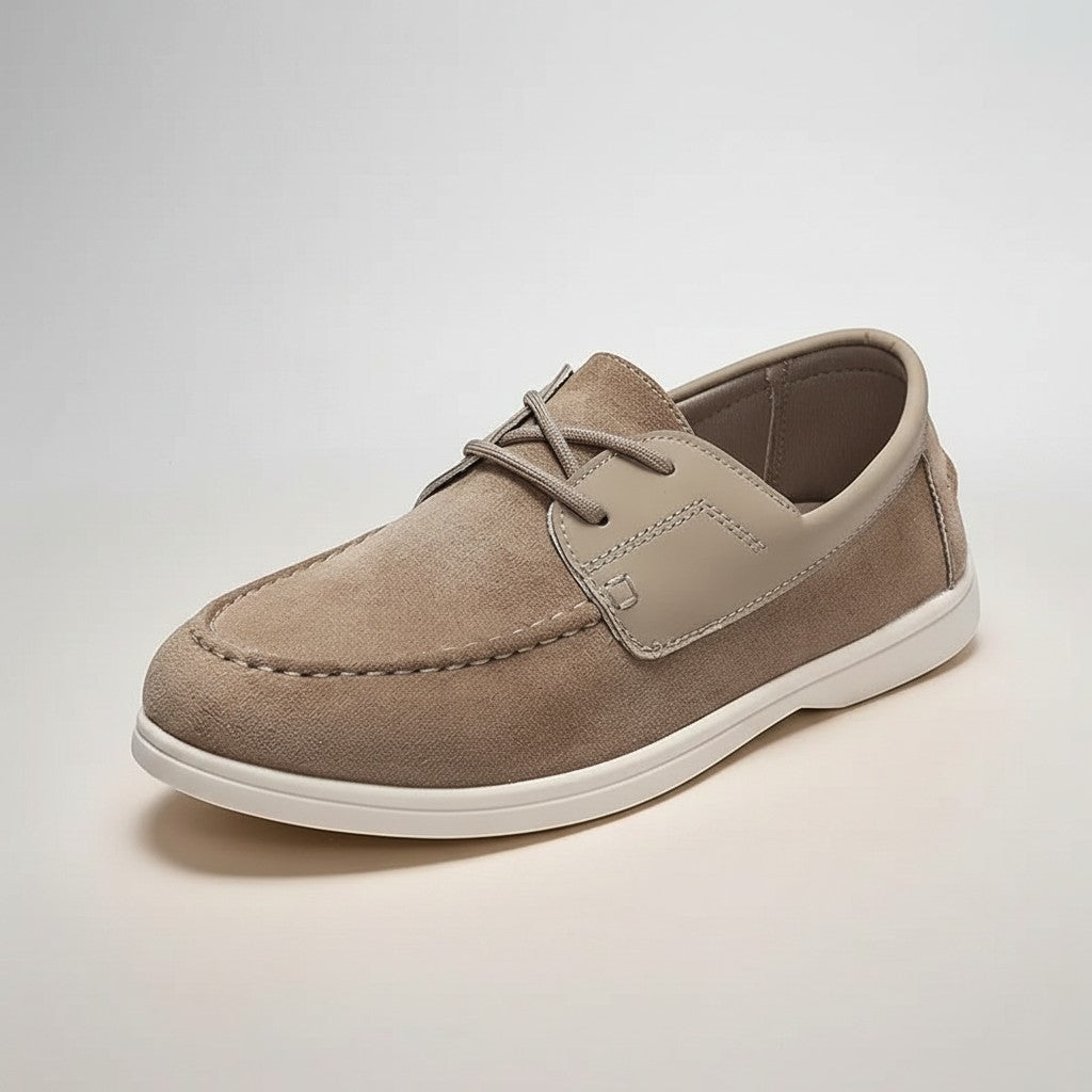 Men's beige suede lace-up driving loafers, stitched vamp, white flat sole