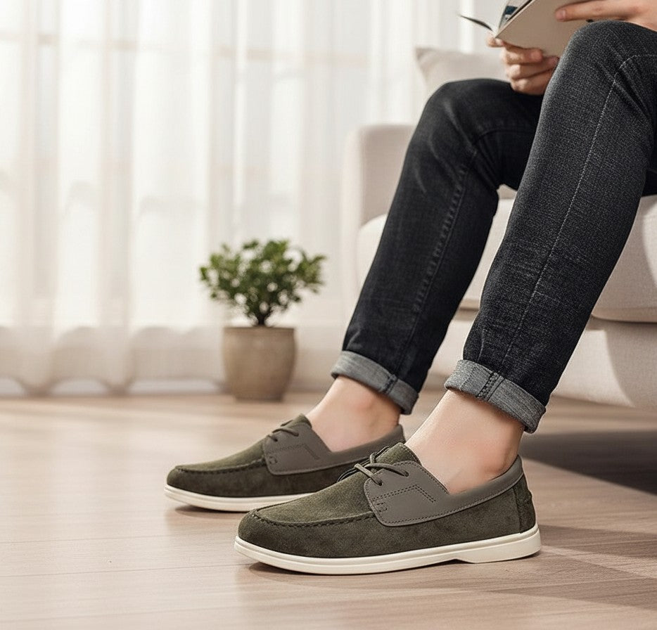 Men's dark green suede driving loafers with lace-up vamp and white flat sole