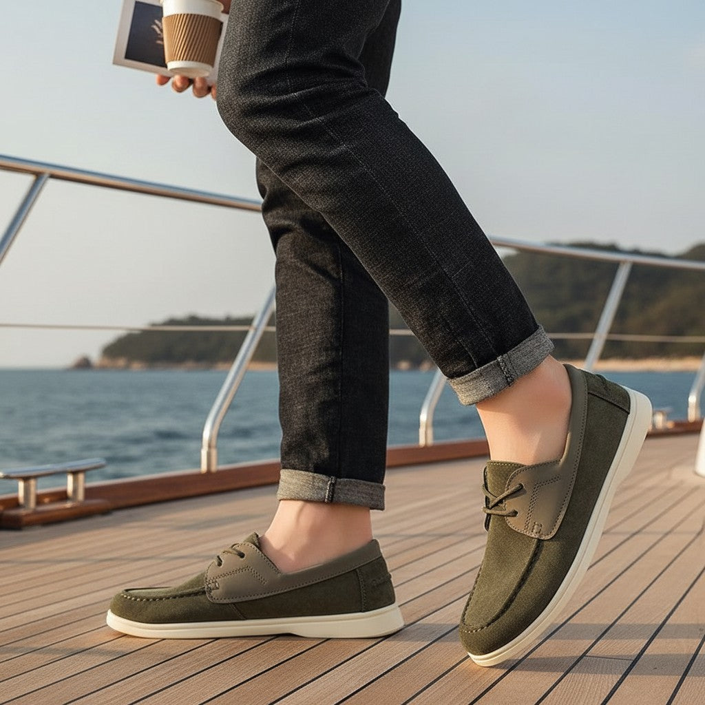 Men's dark green driving loafers with lace-up front and white rubber flat sole